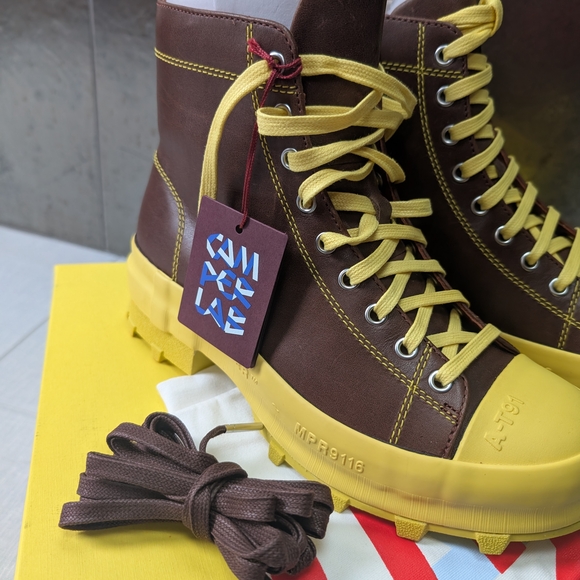 Camper Lace-Up Traktori Leather Lug Sole Boots in Brown and Yellow - Picture 6 of 10
